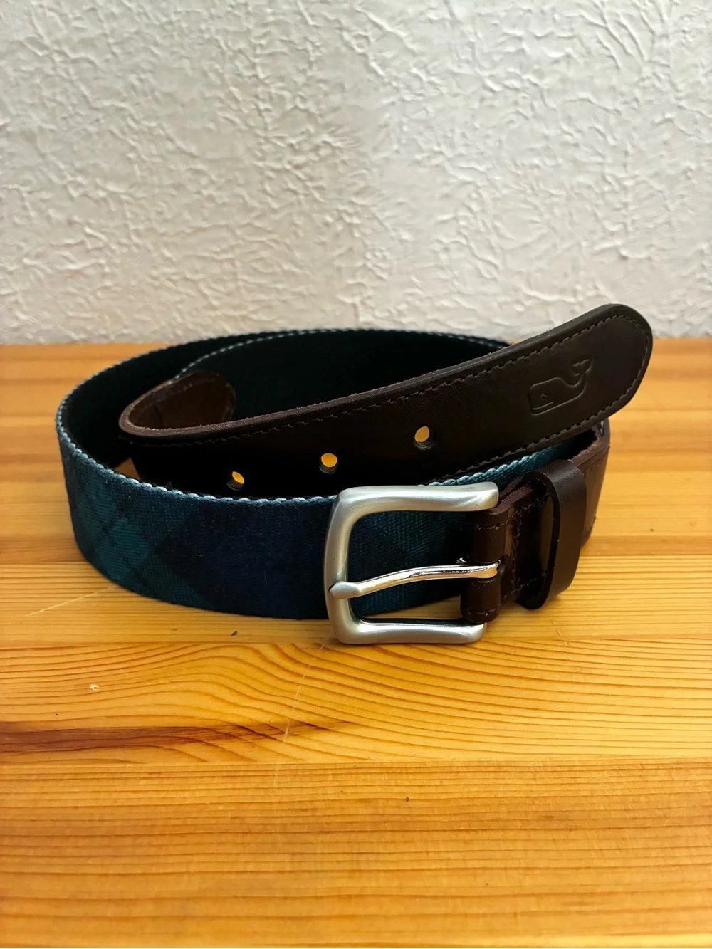 Vineyard Vines Navy & Green Plaid Canvas Belt with Brown Leather